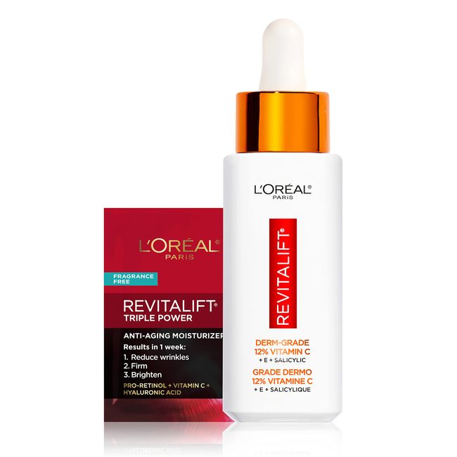 L'Oreal Paris Revitalift Vitamin C Serum with Vitamin E & Salicylic Acid, Moisturizing, Smoothing & Brightening, Non Greasy, Combats Early Signs of Aging + Sample