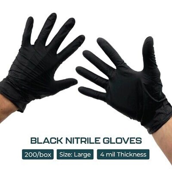 200 pcs/box Black Disposable Nitrile Gloves LARGE 4 Mil Powder & Latex Free