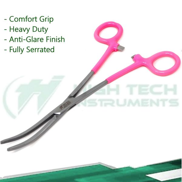 Pink PVC Vinyl Grip Handle Stainless Steel Hemostat Forceps Curved Serrated 8"