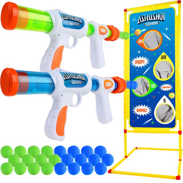 USA Toyz Astroshot Gemini Shooting Games for Kids - 2pk Soft Foam Ball Popper Toy Foam Blasters and Guns, 2-Player Toy Guns Set with Standing Shooting Target and 24 Soft Foam Balls