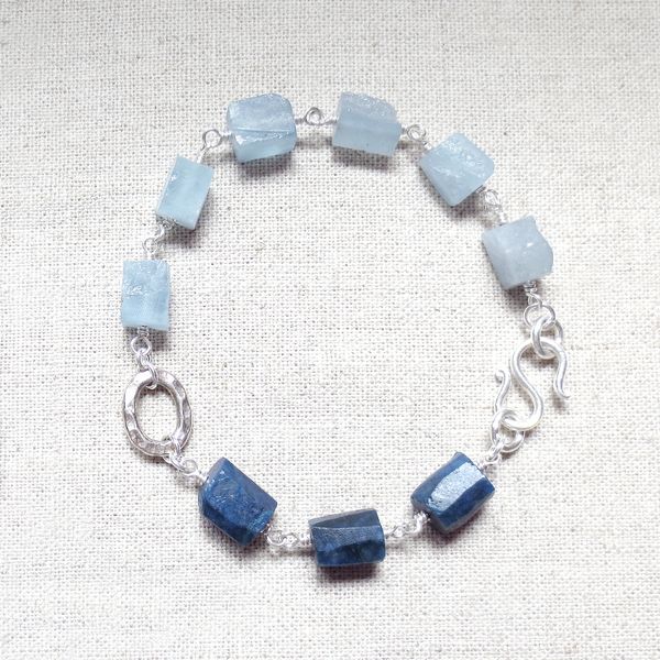 Aquamarine Shatterkite Chrysocolla Rough Cut Raw Stone Silver Bracelet