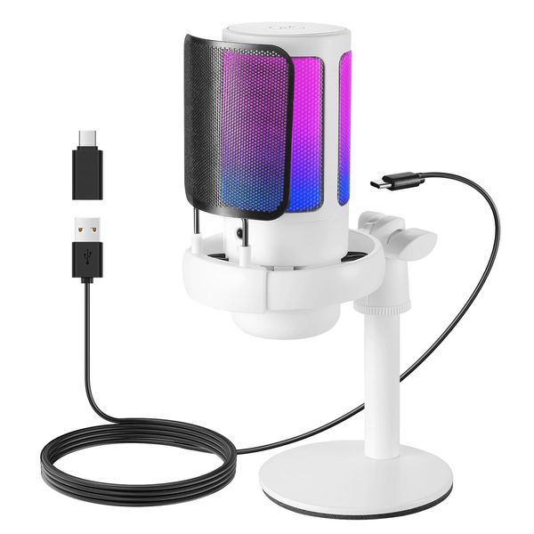 FerBuee USB PC Gaming Microphone with RGB Light, Mute Button, Volume Control, 3.5mm Headphone Jack. Compatible with Windows, Mac OS, Smartphones, PS4/PS5 (White-with Round Base Stand)