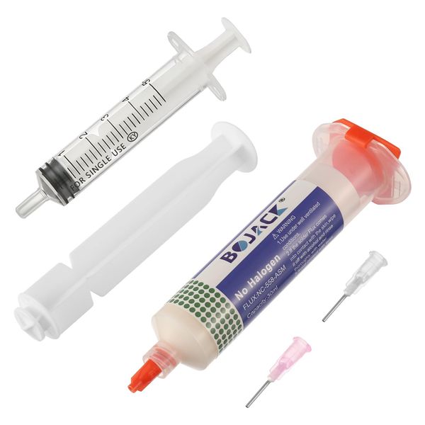 BOJACK 30ML No Clean Solder Flux Syringe Flux Paste Lead-Free Solder Flux with 2 Metering Tools and Push Rod Syringe for LED SMD PCB BGA Electronic Soldering 30cc(1.62 oz/46 g)