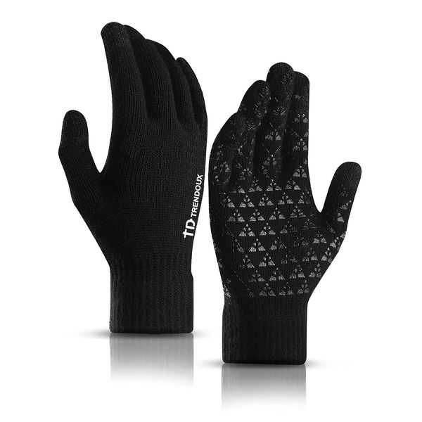 TRENDOUX Driving Gloves, Unisex Knit Winter Touchscreen Glove Men Women Texting Smartphone - Elastic Cuff - Thermal Warm Lining - Stretchy Material Black - L