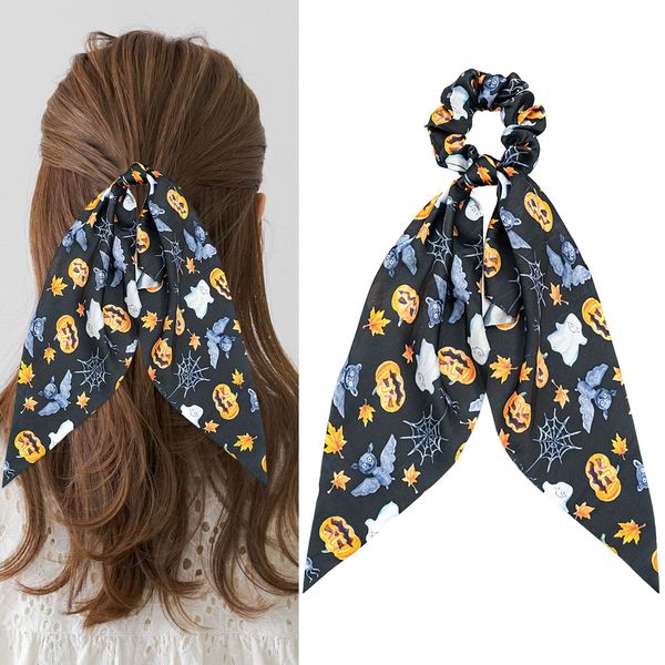 Halloween Elastics Hair Ties Cute Spider Bat Pumpkin Hair Scrunchies Silk Bobbles Hair Scarfs with Ribbon Bow Orange Hair Rope Ponytail Holder for Halloween Christmas Hair Accessories 1Pcs (C-Pumpkin)