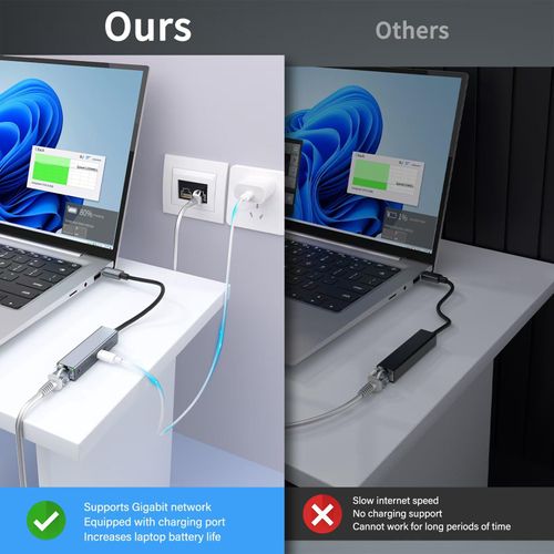 USB C to Ethernet Adapter with 60W Charging Port, RJ45 to USB C 1Gbps Type-C Gigabit Ethernet LAN Network Adapter Power Delivery PD for Laptop, MacBook Pro/Air, Dell XPS, Chromebook, Surface Book