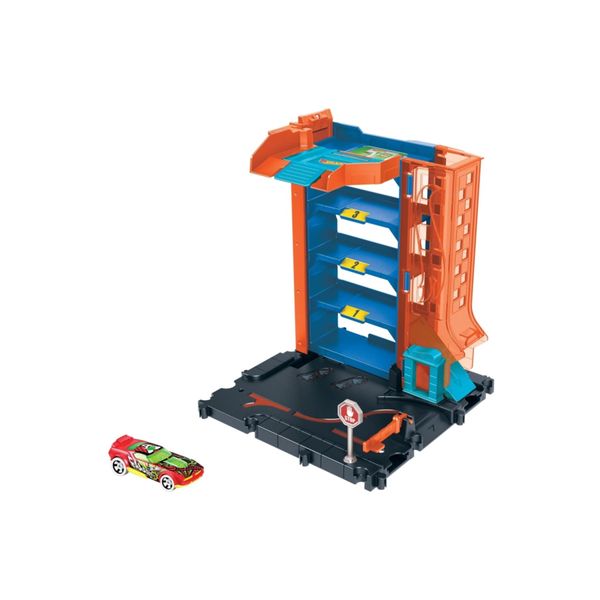 Hot Wheels City Toy Car Track Set Downtown Car Park Playset with 1:64 Scale Vehicle, 4 Levels, Working Lift & Exit Chute