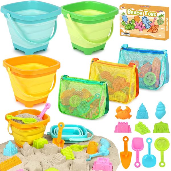 Dreamon Beach Toys for Kids 3-10, Collapsible Sand Toys Include 3 Pack Foldable Buckets with Mesh Bag, 24 PCS Beach Mold and Shovels Molds, Travel Sandbox Beach Toys for Toddler