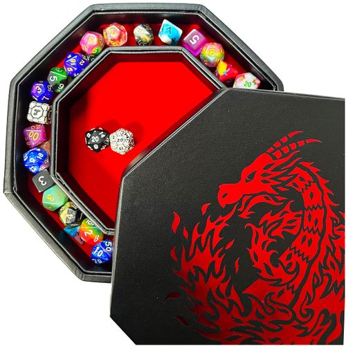Fantasydice- RED - Fire Dragon - Dice Tray - 20CM Octagon with Lid and Dice Staging Area- Holds 5 Sets of Dice(7 / Standard) For All Tabletop RPGs Like D&D, Call of Cthulhu, Shadowrun.