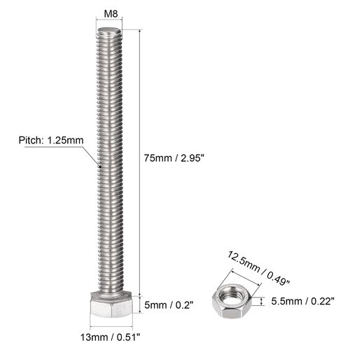 sourcing map M8 x 75mm Hex Head Screws Bolts, Nuts, Flat & Lock Washers Kits, 304 Stainless Steel Fully Thread Hexagon Bolts 4 Sets