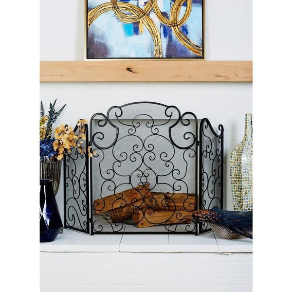 Litton Lane Fireplace Screen Traditional Solidwood 3Panel Heat Resist MetalBlack