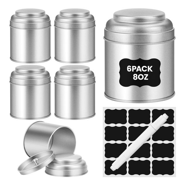 Tea Tin with Airtight Double Lids for Loose Leaf Tea Storage, 8 Oz Kitchen Small Tin Can and Tea Canister for Tea Coffee Sugar Candy Spices Christmas Gift(6 PACK)