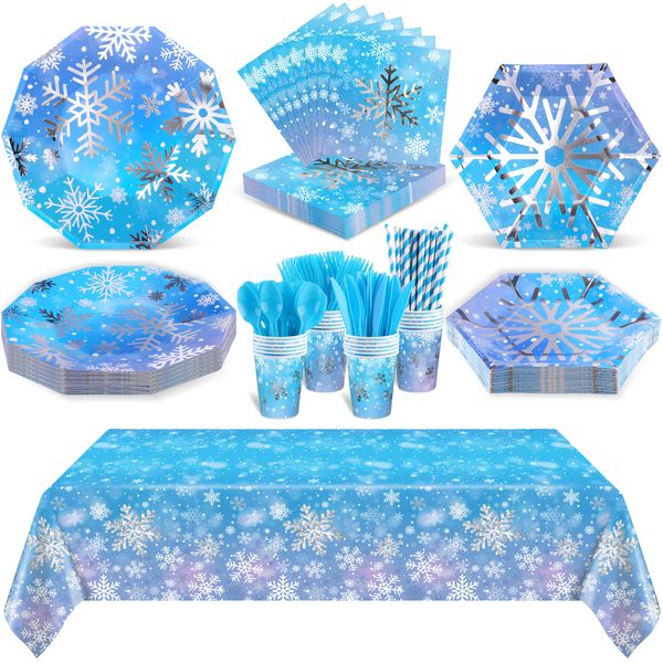 durony 201 Pieces Winter Snowflake Party Tableware Supplies Frozen Birthday Silver Stamping Snowflake Paper Plates Napkins Cups Straws Cutlery Tablecloth for Winter Frozen Party Supplies, Serve for 25