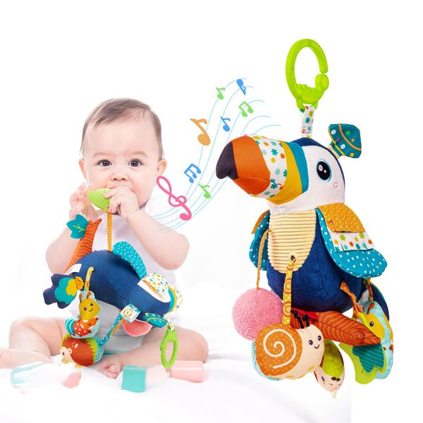 Jollybaby Musical Activity Pull String Hanging Toy for Baby Stroller Car Seat Crib Play Gym, Plush Stuffed Toucan Toy for Carseat with Music Teether Rattles, Sensory Toy for Baby Gift