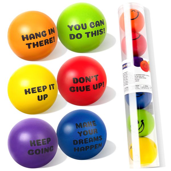 Homotte 6 Pcs Motivational Stress Balls for Kids 3+ and Adults, Inspirational Stress Relief Balls Hand Exercise Therapy Ball Set, Double Sided Colorful Foam Stress Ball with Positive Quotes and Smiles