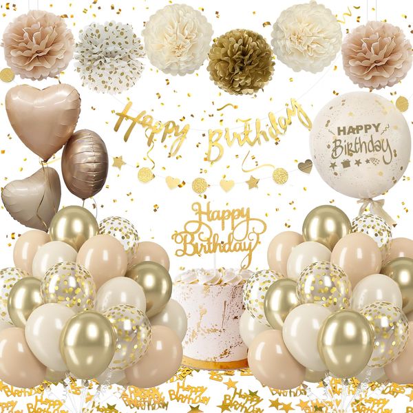 Birthday Decorations for Girls Women, Beige Birthday Party Decorations with Birthday Balloons,Happy Birthday Decorations Banner,Peper Pom Poms for Baby Boy Men Birthday Decoration