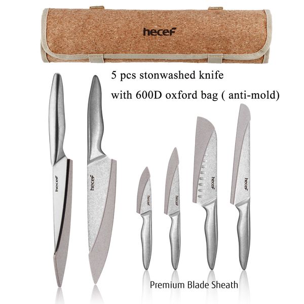 Hecef Kitchen Knife Set 5Pcs Stonewashed Chef Knife Cutlery Set Dishwasher Safe