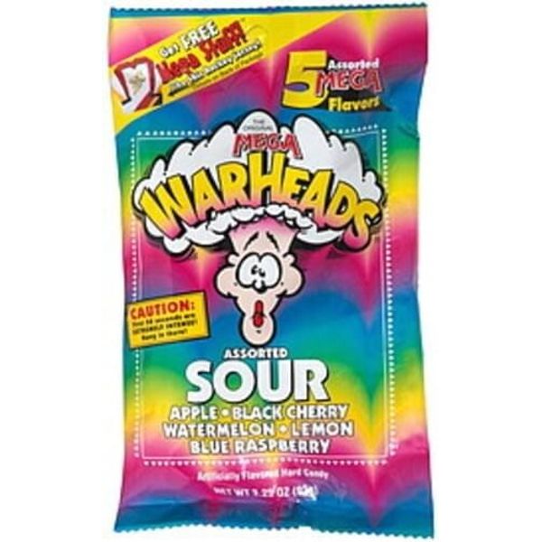 1 x 2 oz Warheads Mega Sour Asst. Candy 5 Flavors Apple Lemon Raspberry Cherry+