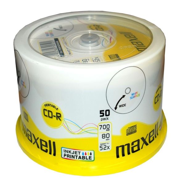 Maxell CD-R 52x White Full Face Inkjet Printable Surface - 50 Discs in Spindle Pack