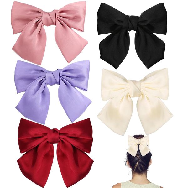 5PCS Bow Hair Clip Ponytail Holders Big Hair Bows Women Big Bow Knot Hairpin French Hair Clips Ribbon Solid Color Hair Barrette Clips Soft Satin Silky Hair Bows Accessories for Girls Women