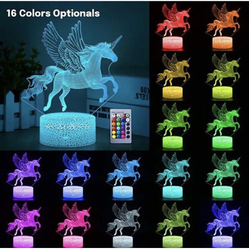 3D Illusion Lamp Unicorn 3D Flying Unicorn Night Light Remote Control, 16 Colors