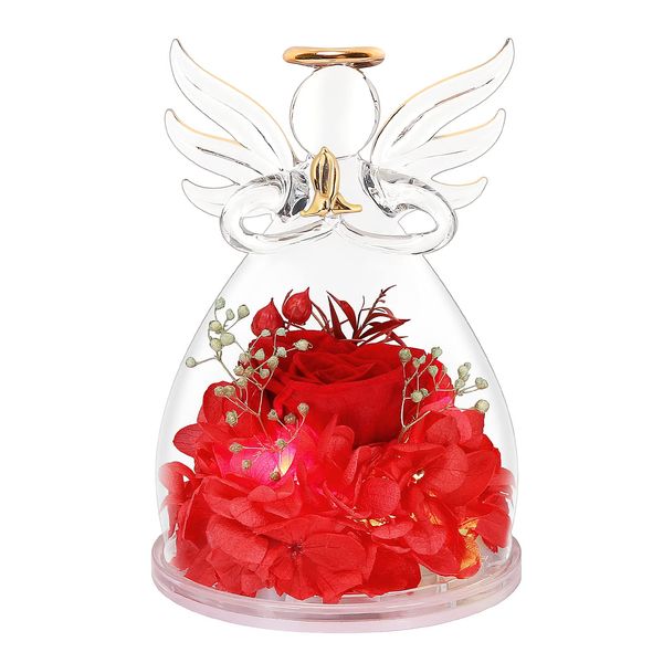 encavy Preserved Flower Rose Gifts in Glass Angel Figurines,Birthday Gifts for Women, for Mom,Angel Rose Gifts with Light for Her,Mom Gifts from Daughter,Red Real Rose Gifts for Grandma Wife