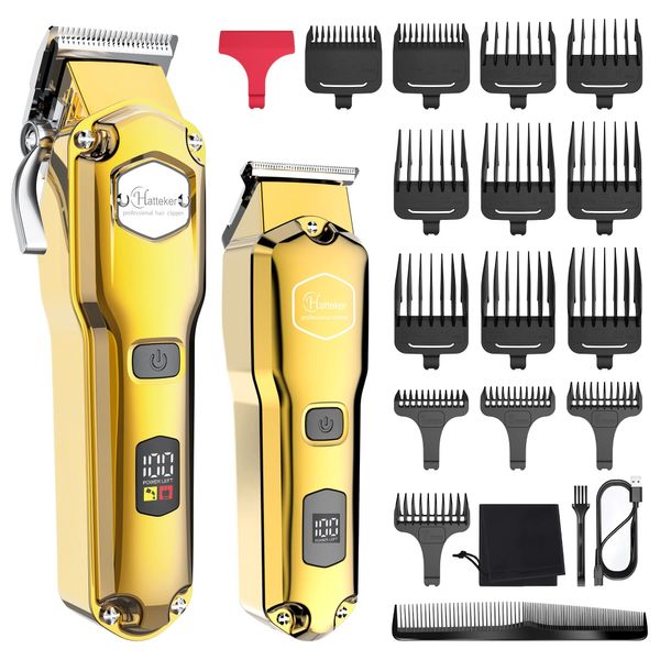 Hatteker Hair Trimmer Set for Men IPX7 Waterproof Cordless Barber Clipper for Hair Cutting Kit with T-Blade, Beard Trimmer Kids Clipper Professional USB Rechargeable (Gold)