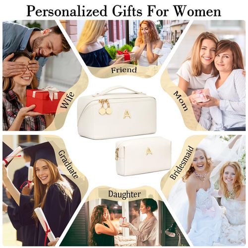 CLOUDWINGS Birthday Gifts for Women Teen Girl, Personalized Initial Makeup Organizer Bag Set, Open Flat Travel Cosmetic Bag With Clear Divider and Handle(Beige,A)