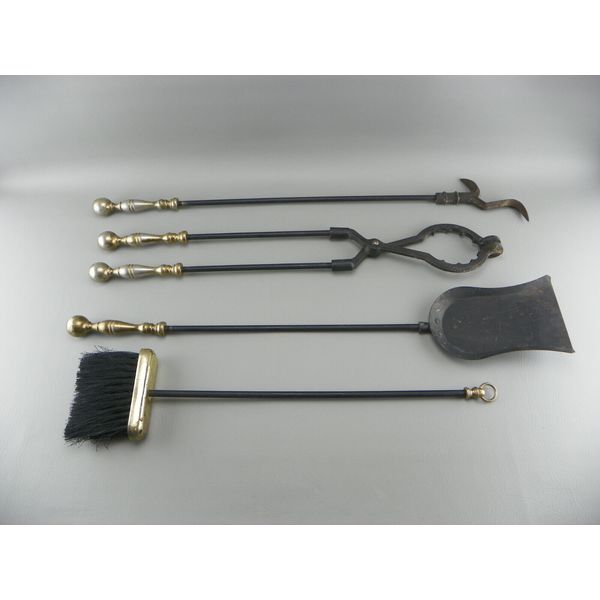 Vintage Brass Black Wrought Iron Poker Shovel Broom Tongs Fireplace Tool Set Lot