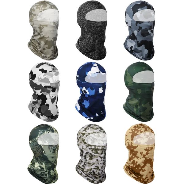 9 Pcs Sun Protection Balaclava Windproof Balaclava Summer Full Face Covering Ice Silk Head Cover Face Covering (Camo Style)