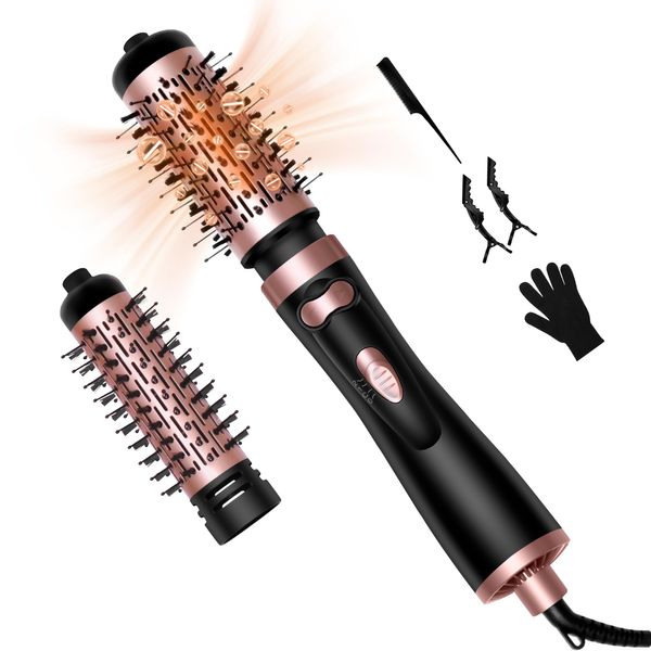 JINYAWA Rotating Hair Dryer Brush, Round Brush Blow Dryer Spinning with 2 Brushes (2" & 1.5"), Negative Ionic Detachable Auto-Rotating Curling Brush Blow Volumizer, 3 in 1 Roller Brush Hot Air Styler