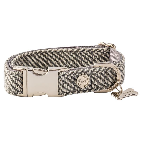 HUGO & HUDSON Tweed Dog Collar Quick Release Safety Metal Buckle, Grey Herringbone, XS