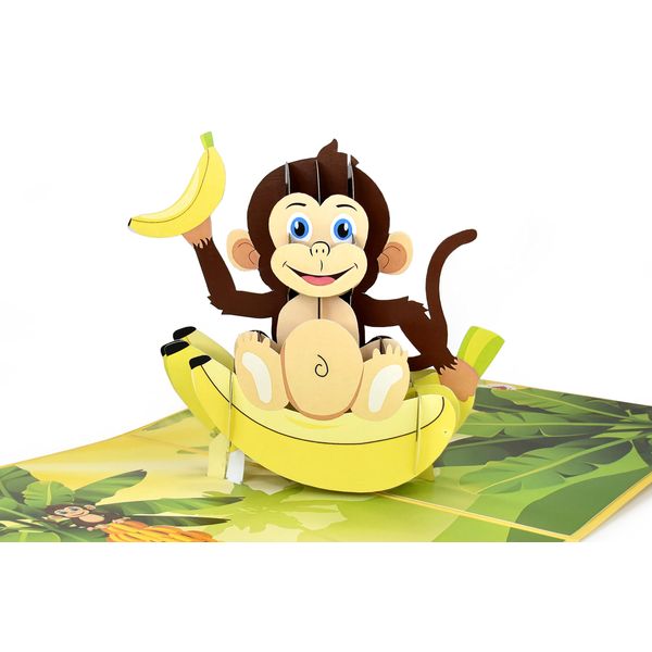 Little Monkey Pop Up Card for Kids Animal Lovers, 3D Birthday Cards