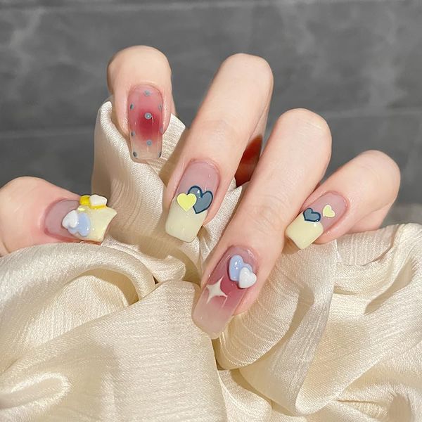 AAGWW Nail Tips, Very Short, Long, Coming-of-Age Ceremony Mat, False Nails, Cute, Miko, Supplies, Workshop, Glue Design (Color: Cream Heart, Product Contents: 24 Nail Art + Glue)