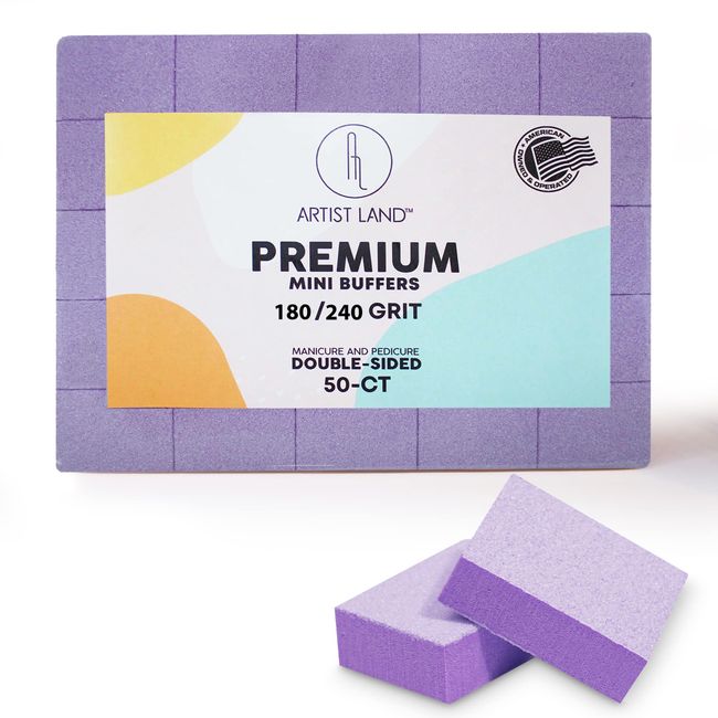 Artist Land Purple Mini Buffer Set 180/240 Grit – 50 Ct - Professional Grade Salon Quality Nail Buffing Blocks Pack for Pre-Application of Polish, Gel, Acrylic, Double-Sided Buffer Blocks