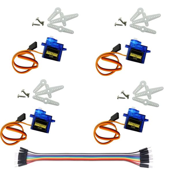 YFFSFDC 4pcs SG90 9g Micro Servo Motor 180° RC Robot Helicopter Airplane Control Car Boat Robot Control Cable DIY Electronics Including Dupont Cable Set of 5