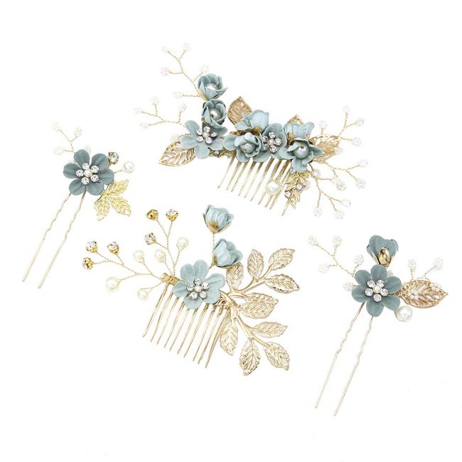 4pcs pearl floral leaf hair accessories Wedding Hair Comb Flower Hair Comb Set Rhinestone Pearl Hair Clips Wedding Hair Accessories for floral hair clip Brides bridal hair comb (Green)