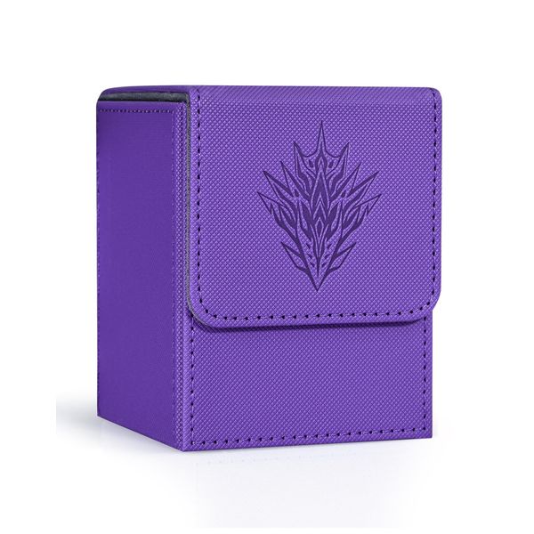 ZLCA Card Deck Box for Trading Cards with 2 Dividers, Card Storage Box Fits 100+ Single Sleeved Cards, PU Leather Strong Magnet Card Deck Case Holder for Magic Commander TCG CCG (Purple,Sliver)