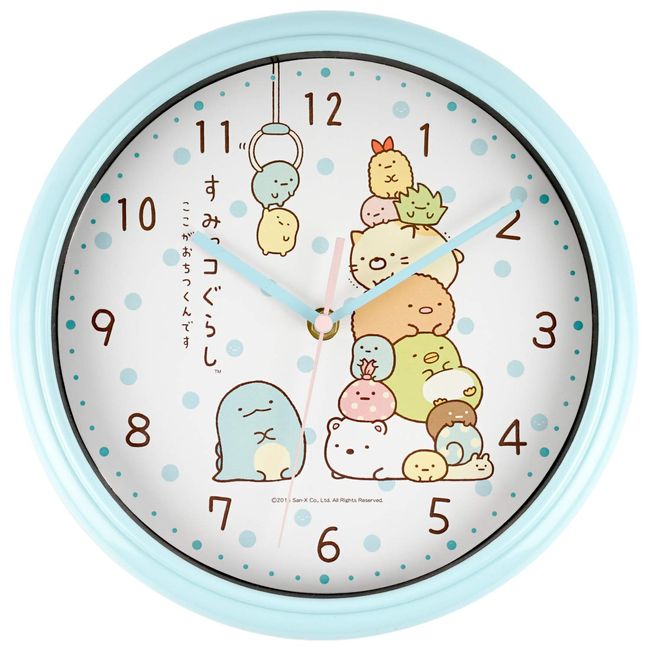 Sumikko Gurashi Wall Clock, Analog, Continuous Second Hand, Diameter 10.2 inches (26 cm), Polka Dot, Blue