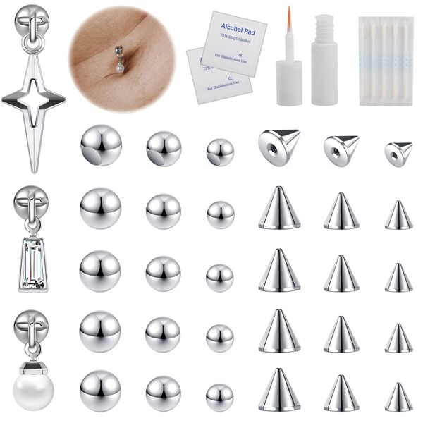 ZS 33Pcs Fake Belly Button Rings 8mm 10mm CZ with Eyelash Glue, Fake Eyebrow Rings Nose Lip Labret Studs Replacement Ball, Non-Piercing Body Jewelry Fake Skin Piercing (D)