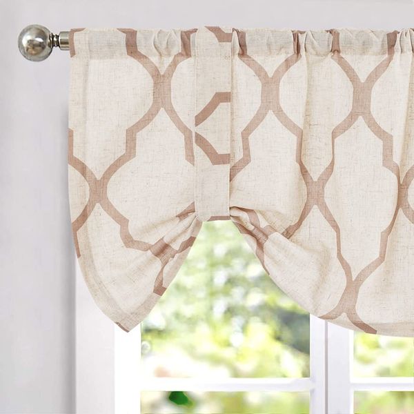TOPICK Linen Look Curtains, Geometric Panel Curtains, Moroccan Curtains, Blackout Kitchen Curtain, 1 Piece (130 W x 45 H (cm), 1 Piece, Brown on Beige)