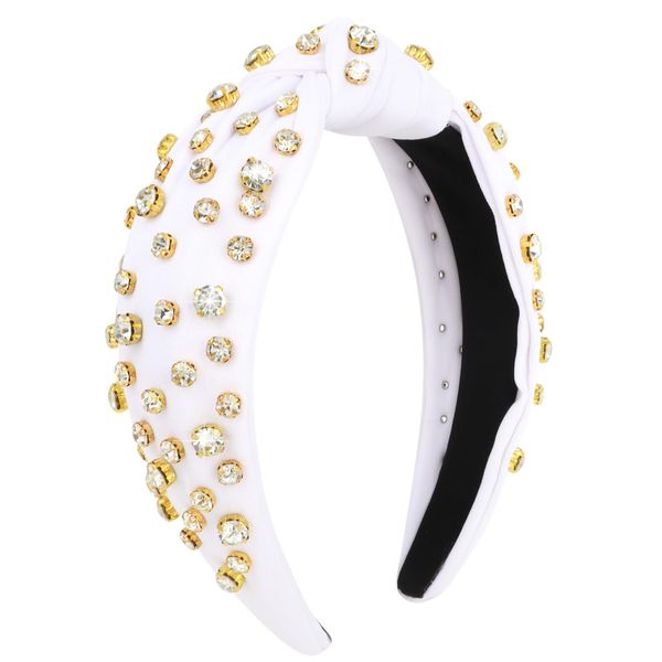 Uintoon White Knotted Headband Sparkly Rhinestone Headbands Women Girls Wide Top Knot Shiny Headbands Headpieces Crystal Beaded Jeweled Hairbands Fashion Embellished Hair Band Non Slip Accessories