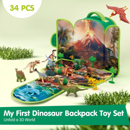 COCO&Friends Dinosaur Toys for Kids 3-5 - Portable Dinosaur Backpack Play Set with Foldable 3D Mat for Pretend Play - 3 Year Old Boy Open Ended Toys for 4 Year Old Boys Christmas Birthday Gifts