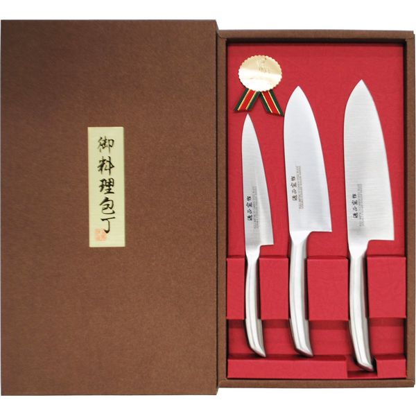 Satake Sangyo EK3PCM Knife, 3-Piece Set, Santoku Knife, Petty Knife, Small Santoku Knife, All Stainless Steel, Made in Japan