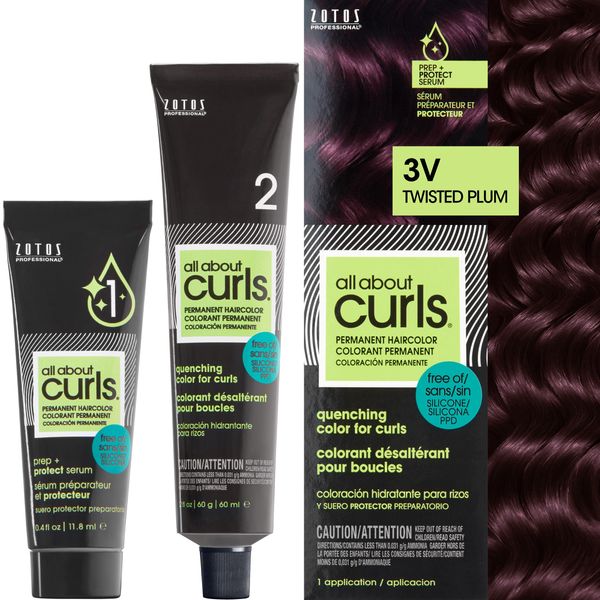 All About Curls 3V Twisted Plum Permanent Hair Color (Prep + Protect Serum & Hair Dye for Curly Hair) - 100% Grey Coverage, Nourished & Radiant Curls