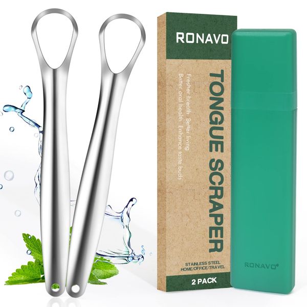 RONAVO Tongue Brush Stainless Steel Tongue Scraper Cleaner - Tongue Scraper for Tongue Polish Cures Bad Breath Tongue Cleaner Fresh Breath in Seconds