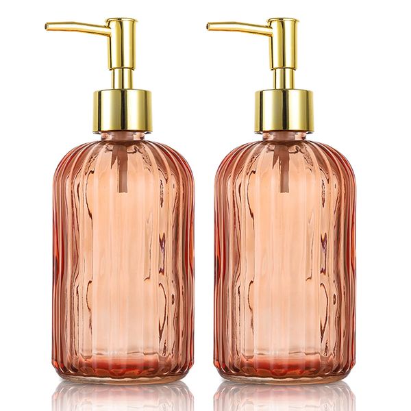 Versatile Glass Soap Dispenser Bottle with Pump, 14 Oz Dripless Pump Bottle, Refillable Liquid Hand Jar Dispenser for Bathroom, Countertop, Kitchen, Laundry Room(Amber, 2 Pack)