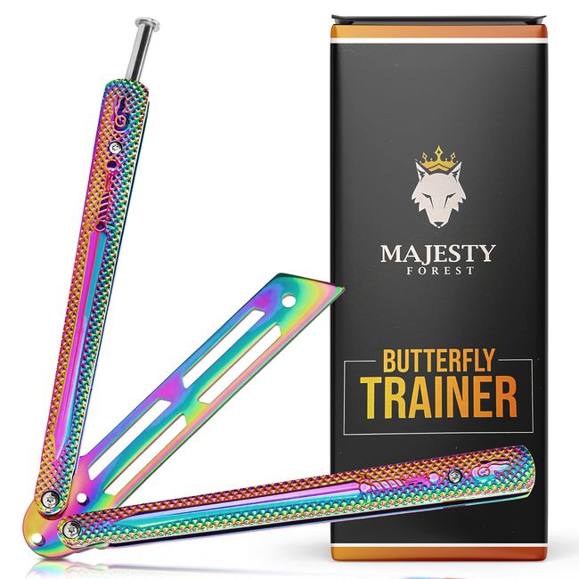 MAJESTY FOREST® Butterfly Trainer in Rainbow aus 420 Stahl mit E-Book zum Tricks lernen - Legaler Balisong Trainer als Trainingsmesser