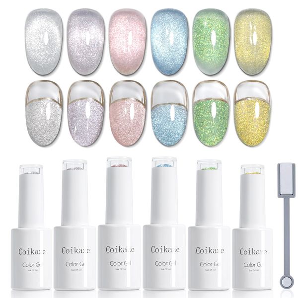 Coikaze Clear Magnetic Gel, Ultra Fine Particles, Magnetic Nail, Cat Eye, Galaxy Nail, Color Gel Nail, Cat Eye, Nail, Magnet, UV / LED Compatible, Set of 6 Colors