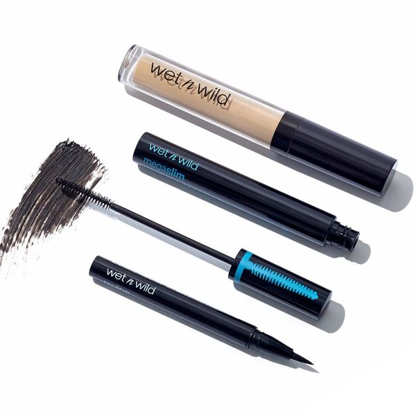 wet n wild Edit Eye Makeup Set, Pro Line Felt Tip Eyeliner, Black, Mega Last Liquid Catsuit Crème Eyeshadow, Camel, Mega Slim Skinny Waterproof Mascara in Black